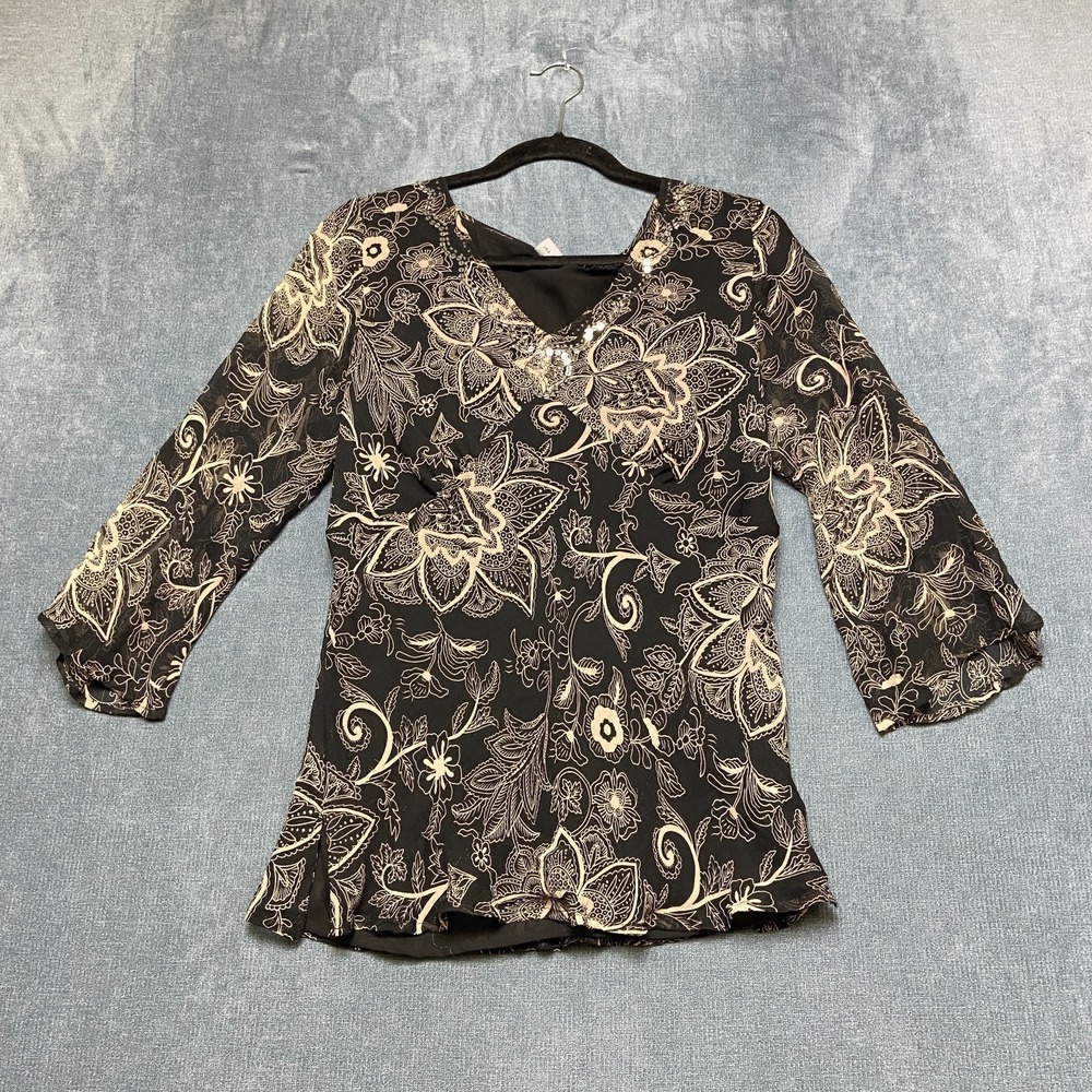 Separates By New York City Design Co. Blouse Top Womens Large Black Silk Floral